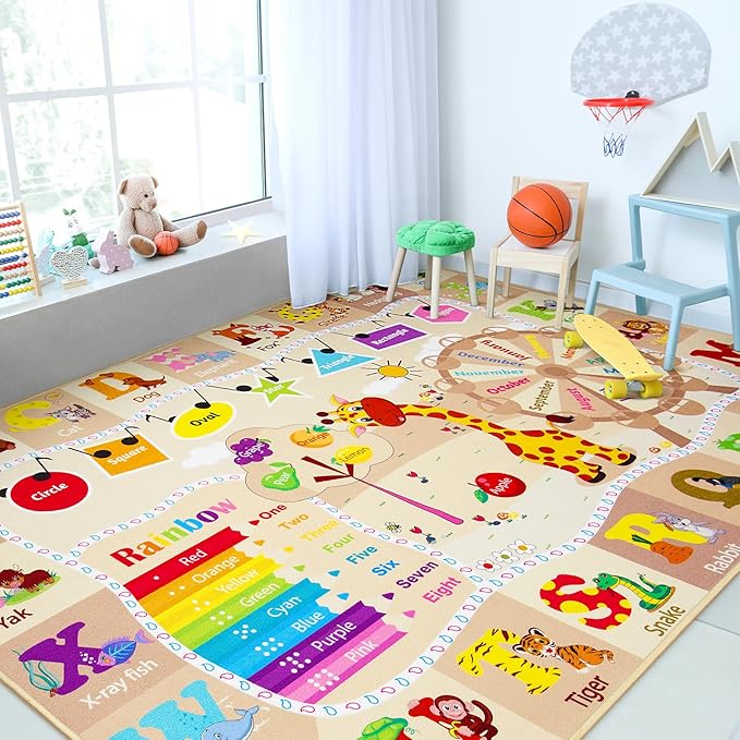 Chicrug Educational Kid Area Rug for Playroom, 7x10 Feet TPR Non Slip Kids Classroom Carpet Rug for Learning ABC Animal,Shape Color Fruit, Washable Play Mat Rug for Children Nursery Toddler Room Decor