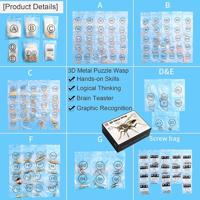 3D Metal Puzzles for Adults: Northern Giant Hornet Metal Model Kits, 3D Metal Puzzle Mechanical Wasp Building Blocks, Difficult DIY for Assembly, Birthday Gifts for Men (3D Metal Wasp-Silver Gold)