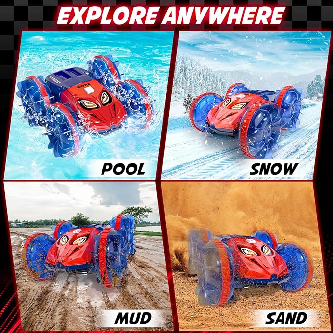 Amphibious RC Monster Truck - 2.4GHz 4WD 360Rotating All Terrain Waterproof RC Car Boat for 8-12 Year Old Boys