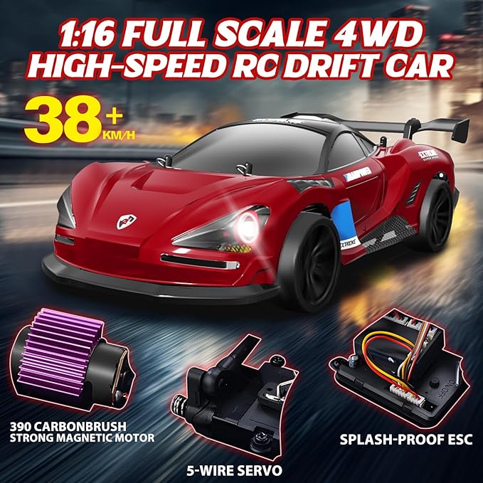 RC Drift Car Full Proportional RTR Remote Control Car 1/16 Scale 38KM/H Fast 4WD RC Car 2.4Ghz with 6 Modes of Light 2Pcs Rechargeable Batteries Racing for Boys and Adults Gift
