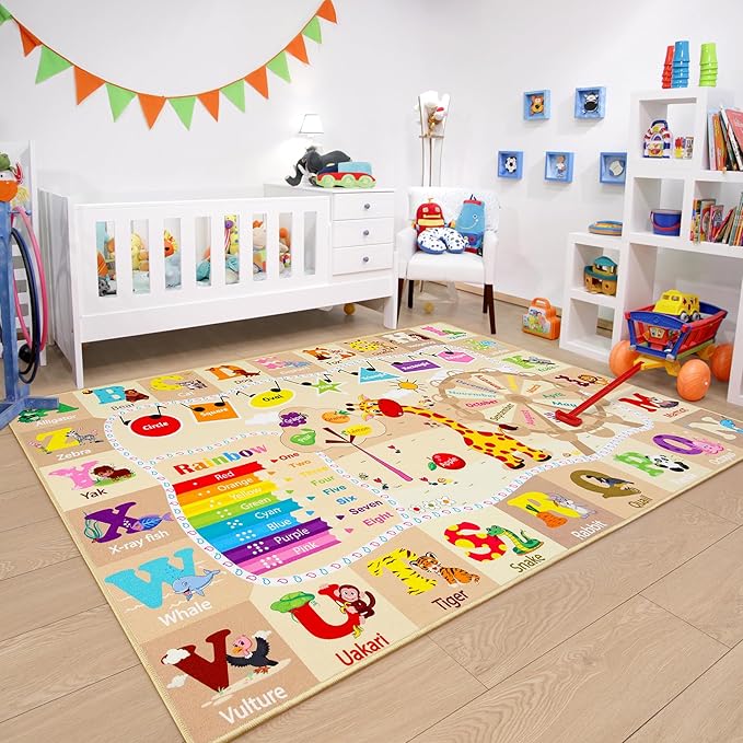 Chicrug Educational Kid Area Rug for Playroom, 4x6 Feet TPR Non Slip Kids Classroom Carpet Rug for Learning ABC Animal, Shape Color Fruit, Washable Play Mat Rug for Children Nursery Toddler Room Decor