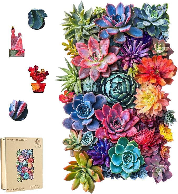 Rectangular Succulent Wooden Puzzles, 200 Pieces Jigsaw Puzzles 12.6'' x8'', Unique Design Liberty Wooden Puzzles for Adults and Kids, Family Game Gift Royal Size