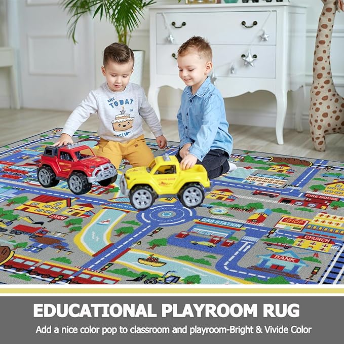 Capslpad Kids Rug 6'6" x 5'0" Educational Learning Kid Play Area Rug Large Traffic Road Cars Rug Play Mat for Kids Toy Nursery Car Carpet for Playroom Living Room Classroom Decor, Blue
