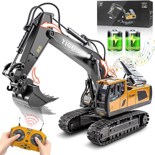 Remote Control Excavator Toy for 6 7 8 9 10 Years Old Kids, 2×1200mAh 11 Channel RC Digger with Metal Shovel, 680 Degree Rotation 2.4Ghz Simulated Sound & Lights, Ideal Gift for Birthday