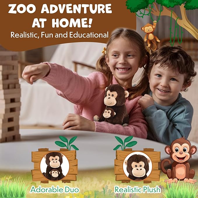 Mom and Baby Stuffed Animals for Boys & Girls, Safari Baby Shower Decorations, Nursery Decor, Zoo Animals for Toddlers, Quality Realistic Toys for Kids, Cute, Soft, Huggable, Squeezable (9.5" Monkey)
