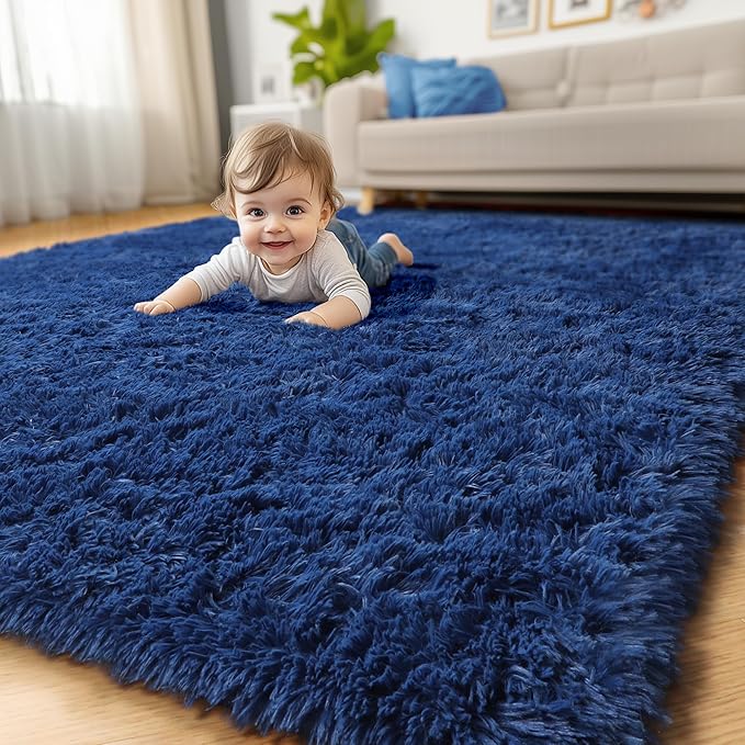 Amdrebio Navy Blue Area Rugs for Boys Bedroom, 5x8 Shag Fluffy Furry Plush Rug for Kids Room, Living Room Decor Aesthetic, Cool Royal Dark Blue Carpet for Baby Nursery Classroom Office Dorm Playroom