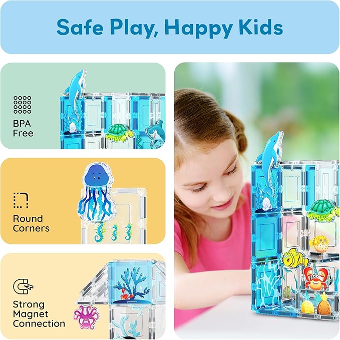 PicassoTiles Magnet Tiles Magnetic Building Blocks Aquarium Marine Animal Theme Set with 8 Character Action Figures Shark Crab Turtle STEM Toys Construction Preschool Toddlers Kids Boys Girls 3+ PTQ15