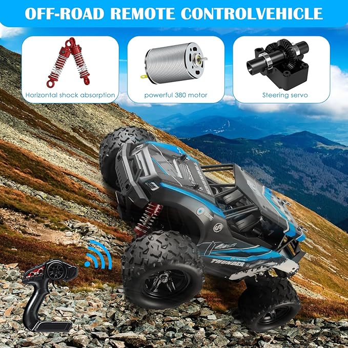 1:18 Scale RC Cars, 36 KM/H High Speed, 2.4 GHz Remote Control and 2 Rechargeable Batteries，4 Shock Absorbers, for Xmas (Blue)