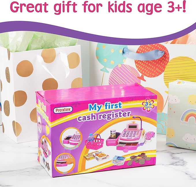 PREXTEX Pretend and Play Electronic Toy Cash Register, Shopping Till Includes Play Money, Scanner, Calculator, Mic Speaker for Kids, Great Gift for 3+ Year Old Girls and Boys