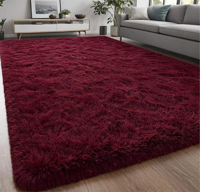 Nuttumico Extra Large Burgundy Fluffy Area Rugs for Living Room, 8x10 Feet Ultra Soft Indoor Modern Plush Fuzzy Rug, Thickened Carpet for Kids Playroom, High Pile, Non Slipping
