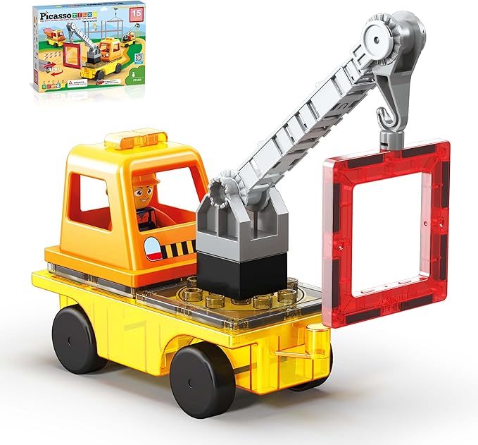 PicassoTiles Magnet Tile Building Blocks 3-in-1 Crane, Dump Truck, and Ladder Construction Vehicle Brick Compatible Magnetic Tiles Toy Set with Car Base Character Action STEM Learning Kit Age 3+ PTU03