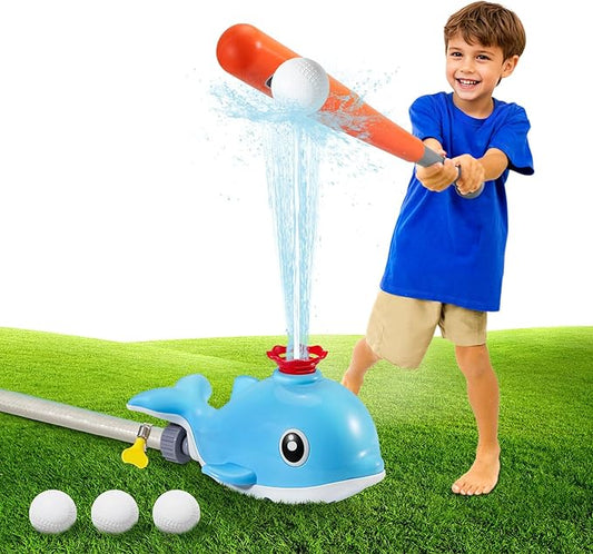 MoKo Water Sprinkler Baseball Toy for Kids Outdoor Play, 2 in 1 Baseball Water Games, 360° Rotatable Yard Sprayer Sprinkler, Toddler Outdoor Toys for Backyard Garden Lawn Pool, Sky Blue Whale
