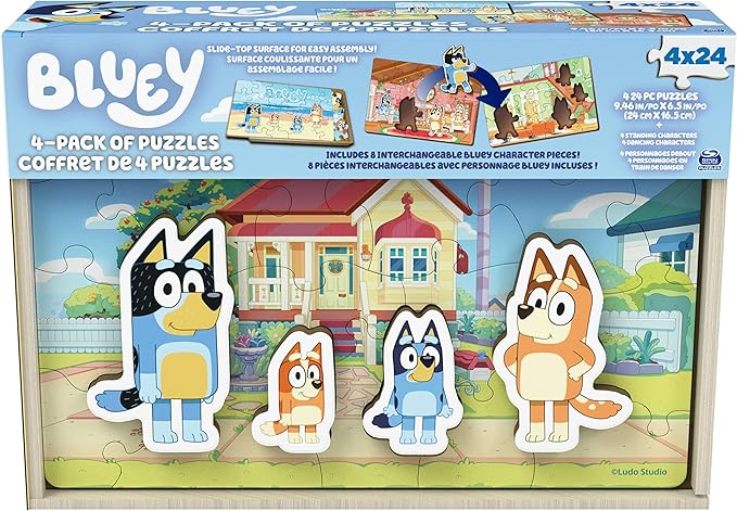 Spin Master Games, Bluey Puzzles 4-Pack, Wooden Jigsaw Puzzles for Preschoolers, 24 Pieces Each, Interchangeable Pieces, Bluey Birthday Gifts, for Kids Ages 3 & Up