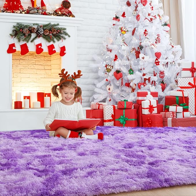 AROGAN Soft Rainbow Area Rugs for Girls Room 5x8 Feet, Fluffy Girls Bedroom Rugs, Princess Rug, Cute Colorful Carpet for Kids Teens Nursery Toddler （Purple）