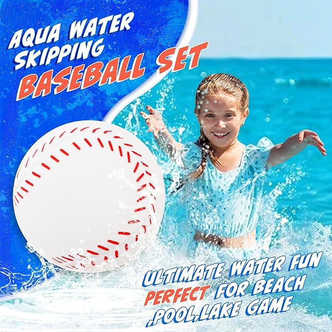 4Pcs Water Skipping Balls for Pool Play(Baseball Theme), Water Pool Beach Swim Toys for Kids Ages 4-8, 8-12 and Adults, Include 2 Balls and 2 Discs