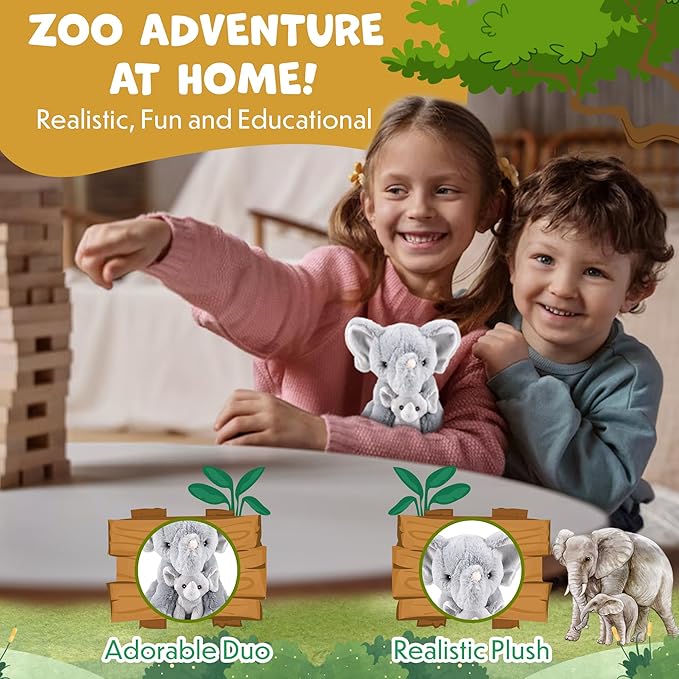 Mom and Baby Stuffed Animals for Boys & Girls, Safari Baby Shower Decorations, Nursery Decor, Zoo Animals for Toddlers, Quality Realistic Toy for Kids, Cute, Soft, Huggable, Squeezable (9.5" Elephant)