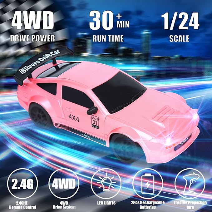 Mini RC Drift Car with Full Proportional Throttle, 1:24 Remote Control Car 4WD Drift GT-RX7 Rc Vehicle High-Speed Racing Drifting Cars Gifts Toy for Boys Kids (Pink)
