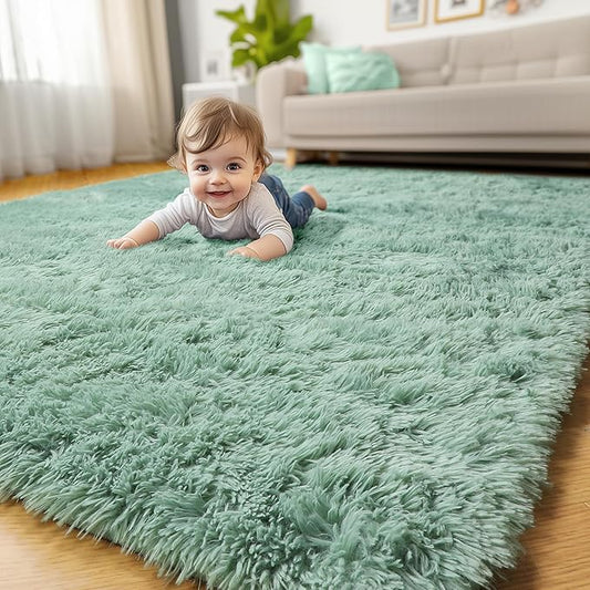 Amdrebio Sage Green Area Rugs for Bedroom Aesthetic, Fluffy Furry Rugs for Nursery, Classroom, Teen Boys, Baby Kids Room Decor, Cute Shaggy Carpet for Living Room Dorm, Fuzzy Plush Light Mint Rug 4x6