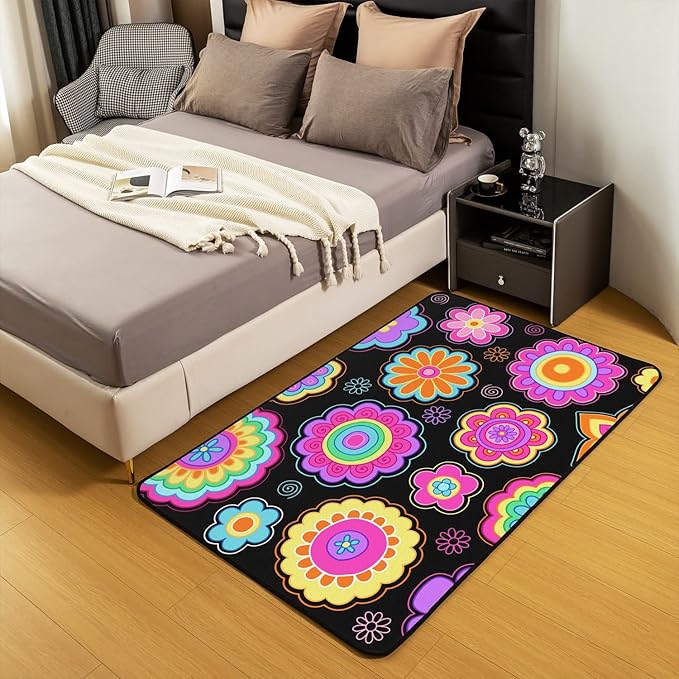 Erosebridal Groovy Flower Power Area Rug 4x5 Girls Neon Purple Black Vintage Floral Rug Hippie Aesthetic Psychedelic Botanical Non Shedding Indoor Floor Mat for Living Room