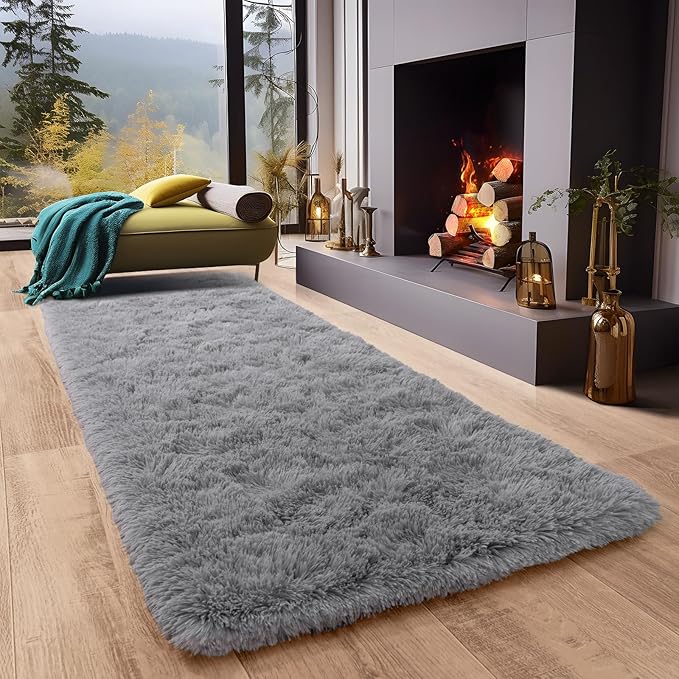 Super Fluffy Throw Rug for Bedroom, Modern Shag Grey Area Rugs, Soft and Cozy Plush Small Carpet for Kids,Girls Boys and Teens Decorations for Living Room Dorm Nursery Classroom, 2x6 Feet