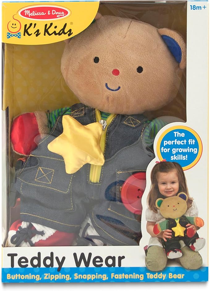 Melissa & Doug K's Kids - Teddy Wear Stuffed Bear Educational Toy - Plush Bear Zipper And Button Learning Toy for Toddlers