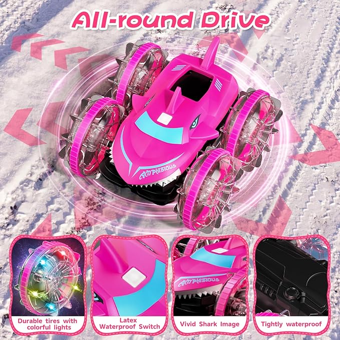 Axirata Amphibious RC Car with Lights for Kids 6-12 Year Old Girls Toy Gesture Hand Remote Control Boat 4WD 2.4GHz Waterproof RC Stunt Car 360° Rotating Water Beach Pool Toys Gift for Girls Kids