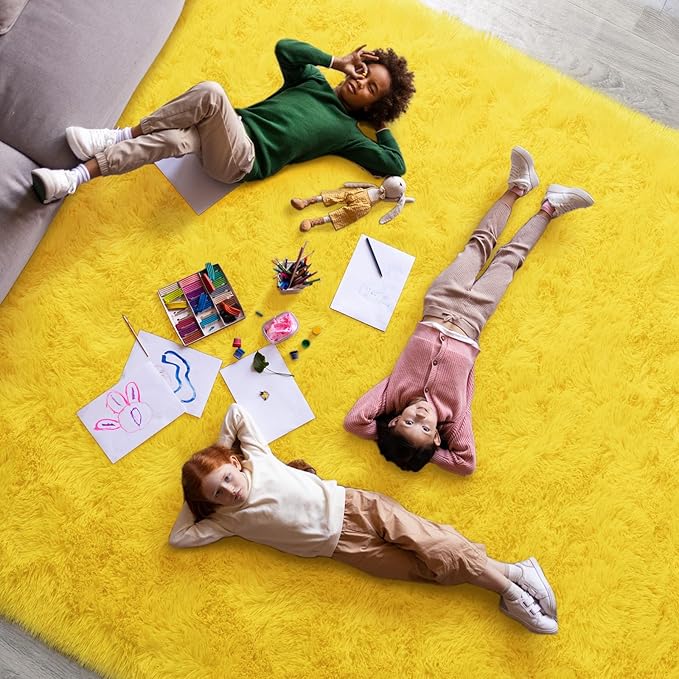 Super Fluffy Area Rug for Bedroom, Modern Shag Yellow Area Rugs, Soft Plush Small Carpet for Kids,Girls Boys and Teens Decorations for Living Room Dorm Nursery Classroom, 8x10 Feet