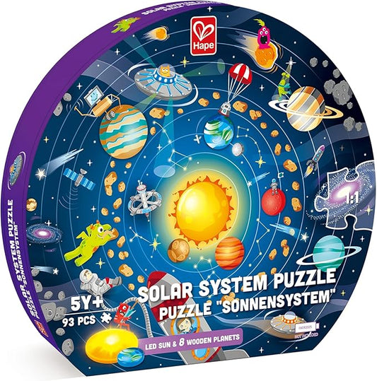 Hape Solar System Puzzle | Round Solar System Puzzle Toy for Kids, Solid Wood Pieces and A Glowing LED Sun