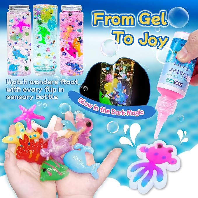 Make 3 Sensory Bottle, Glow-in-The-Dark Magic Gel Water Fairy Toy, DIY 100+ Aqua Water Squishy kit with 18 Shape Molds, 100ml Gels, 5L Bucket, Shell, Glitter, Pom-Poms, Arts Crafts for Kids