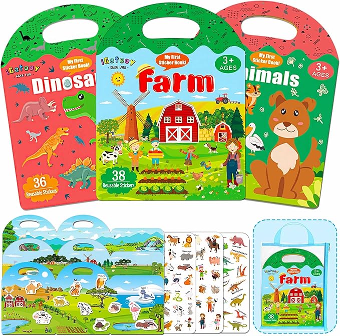 3 Sets Reusable Sticker Books for Kids 2-4, Jelly Stickers Activity Books, 123 Pcs Waterproof Stickers for Kids Girls Boys, Road Trip Toddler Airplane Train Car Travel Essentials Toy