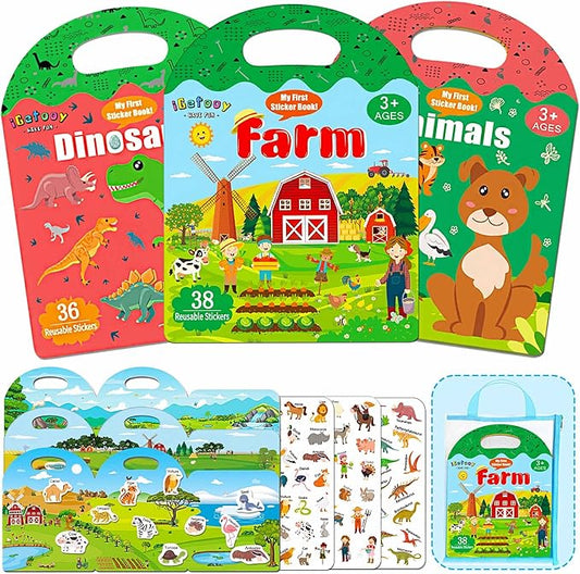 3 Sets Reusable Sticker Books for Kids 2-4, Jelly Stickers Activity Books, 123 Pcs Waterproof Stickers for Kids Girls Boys, Road Trip Toddler Airplane Train Car Travel Essentials Toy