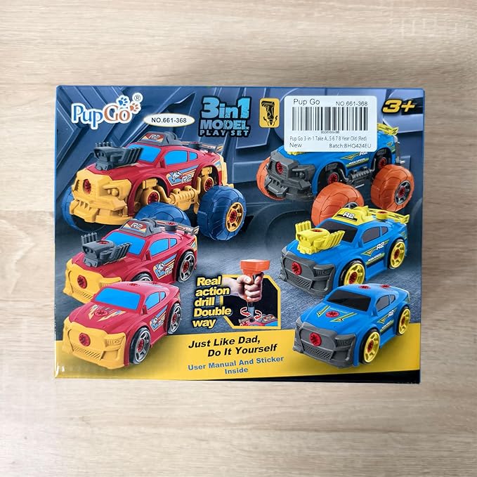 Pup Go 3-in-1 Take Apart Car for Boys with Electric Drill, 46Pcs Construction Toy Truck, Build Your Own Toy Car with Play Tools, Ideal STEM Gift for Kids Children Ages 3 4 5 6 7 8 9 Year Old Red