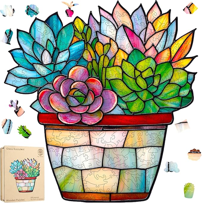 Puzzles for Adults, Glass Succulent Wooden Puzzles 200 Pieces, 5MM Thick Unique Shaped Flower Jigsaw Puzzles Birthday Gifts for Kids Family Game 10.7 * 11.2inch