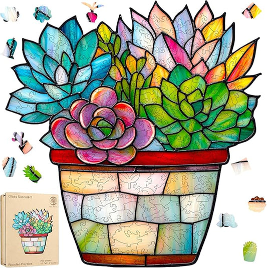 Puzzles for Adults, Glass Succulent Wooden Puzzles 200 Pieces, 5MM Thick Unique Shaped Flower Jigsaw Puzzles Birthday Gifts for Kids Family Game 10.7 * 11.2inch