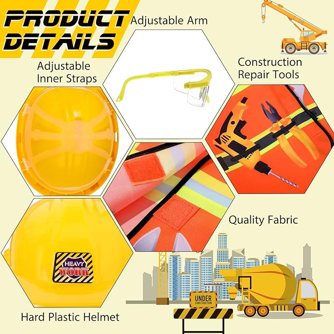 Handepo Construction Worker Costume Kids Hard Hat Construction Vest Goggles Toddler Dress Up Set Birthday Party Girls Boys(Yellow)