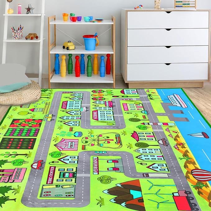 Large Kids Carpet Play Mat Rug for Playroom, 48'' x 71'’ Car Rugs Mat for Kids Toy Cars, City Life with Road Traffic Playmat Rugs Great for Kids Bedroom Play Room Boy Room Decor, Green
