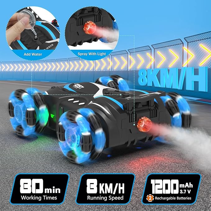 Eulogia RC Stunt Car with RGB Lights, 360° Drift & Rotation, All-Terrain Remote Control Car, Extra 2 Rechargeable Batteries, Spray, One-Key Demo, Gift for Kids Ages 5-12 (Blue)