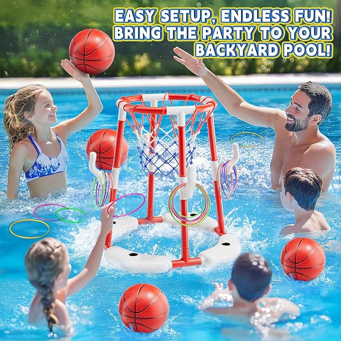 Pool Basketball Hoop, Floating Game with 6 Balls & Pump, Kids Pool Toys for Outdoor Summer Fun, Adjustable Height for Ages 4-8-12, Family Swimming Pool Accessory（red）