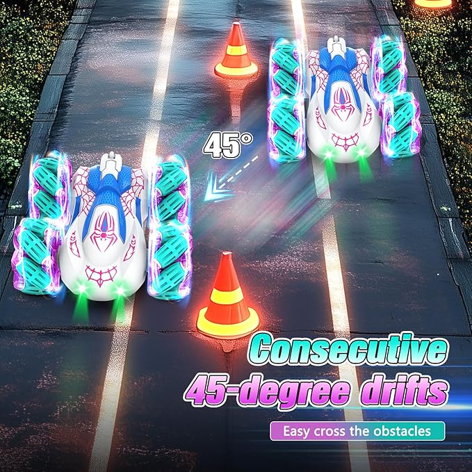 Remote Control Car 2.4Ghz RC Cars with LED Lights Double Sided Off-Road 360°Rotating Roll RC Cars Rechargeable 4WD RC Stunt Car Indoor Outdoor Toys for Boys Girls 6-13 Gifts (Pink)