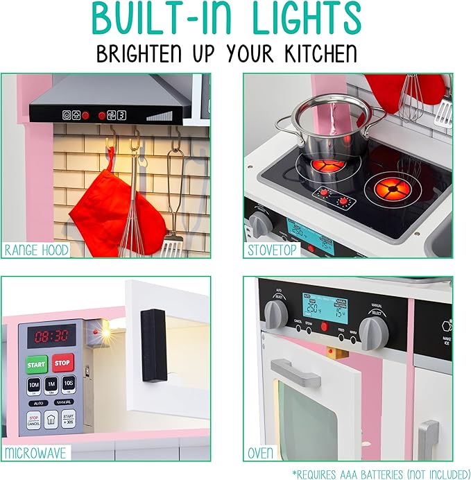 Lil' Jumbl Kids Pink Small Kitchen Set, Pretend Wooden Play Kitchen, Includes Range Hood, Microwave, Stove Top, Oven That Make Realistic Sound & Light, Pots, Pan, Cutting Board & Utensils Included