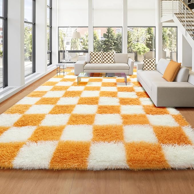 KICMOR 8x10 Area Rugs for Living Room, Large Fluffy Fuzzy Orange and Cream White Checkered Shag Rug Soft Plush Big Bedroom Carpet, Shaggy Floor Rugs for Kids Boys Girls Dorm Nursery Home Room Decor