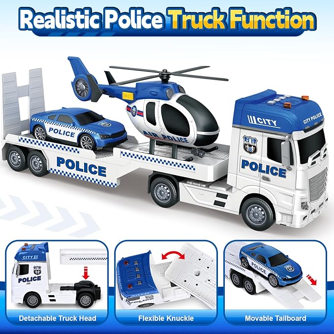 SpringFlower Toddler Boy Toys, 25" Large Police Truck Toy with Racing Car and Helicopter,3 in 1 Police Car Boy Toy, Christmas Birthday Gifts for Kids 3 4 5 6 Years Old