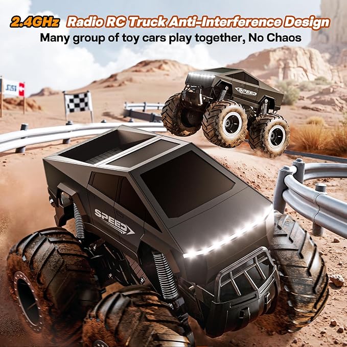Remote Control Car Monster Truck Toy Off-Road Truck - 4WD Waterproof RC Cars for All Terrain, 1:16 Scale Hobby Monster Truck Toys 2.4GHz Pick-up Vehicles Kids Gifts for Boys Age 6 7 8 9 10-12+,Black