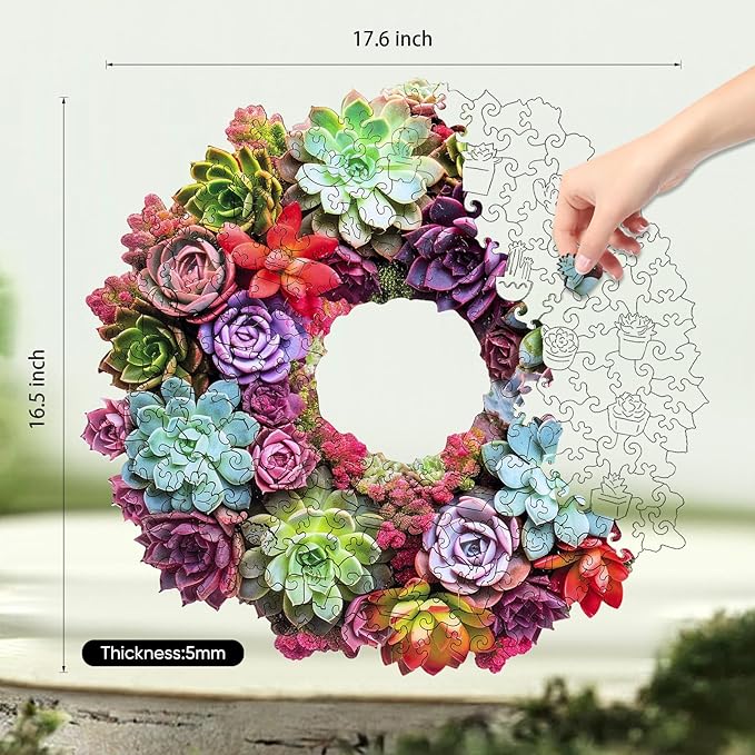Succulent Garland Wooden Puzzles for Adults, 500 Pieces Mandala Jigsaw Puzzles, Unique Shaped Royal Size Wood Puzzle Gift for Kids, Family Game 17.6'' x 16.5''
