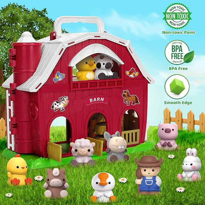 KMUYSL Toys for 1 2 3 Years Old Boys Girls, Big Red Barn Farm Animal Playset for Boys Girls, Learning Montessori Toys, Christmas Birthday Easter Gift for Baby Kids Toddlers Age 12-18 Months