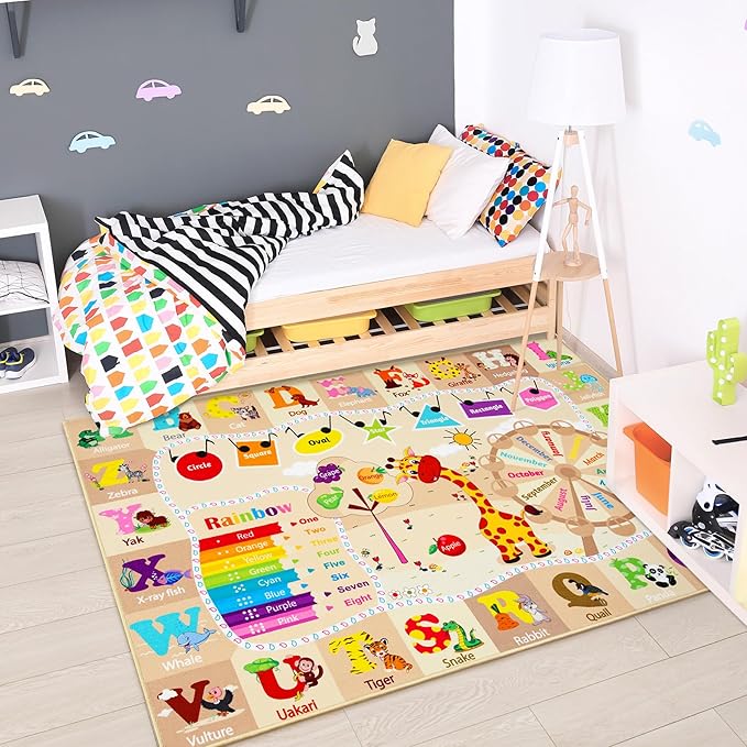 Chicrug Educational Kid Area Rug for Playroom, 6x9 Feet TPR Non Slip Kids Classroom Carpet Rug for Learning ABC Animal, Shape Color Fruit, Washable Play Mat Rug for Children Nursery Toddler Room Decor