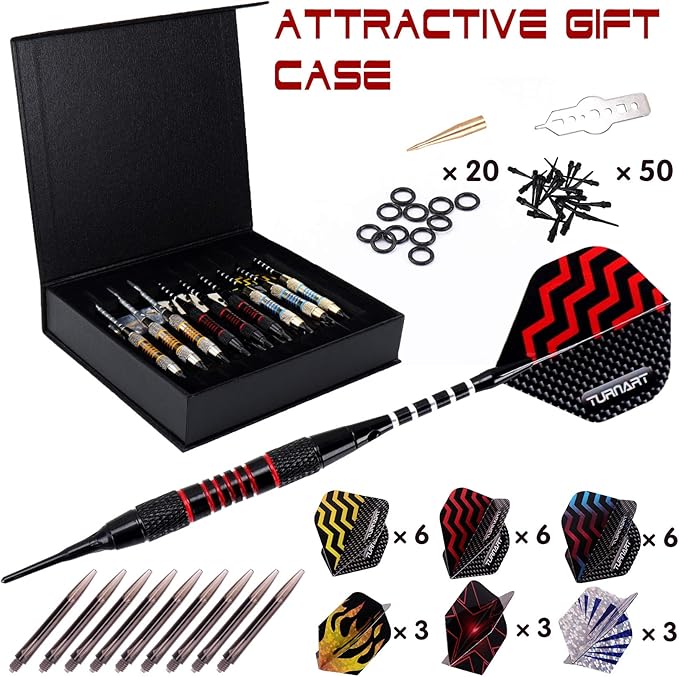 Turnart Darts Plastic Tip - Professional Soft Tip Darts Set for Electronic Dartboard 9 Pcs 18 Grams with 50 Extra Tips 9 Shafts 27 Flights Tool Kit Flight Protectors and Gift Darts Case