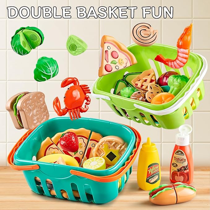 85Pc Pretend Play Food Sets for Kids Kitchen, Cutting toy food with 2 Baskets, Play Kitchen Accessories for Toddlers, Fake Food with Pizza Veggies Fruits, Kids Kitchen Toys, Boys Girls Gift.