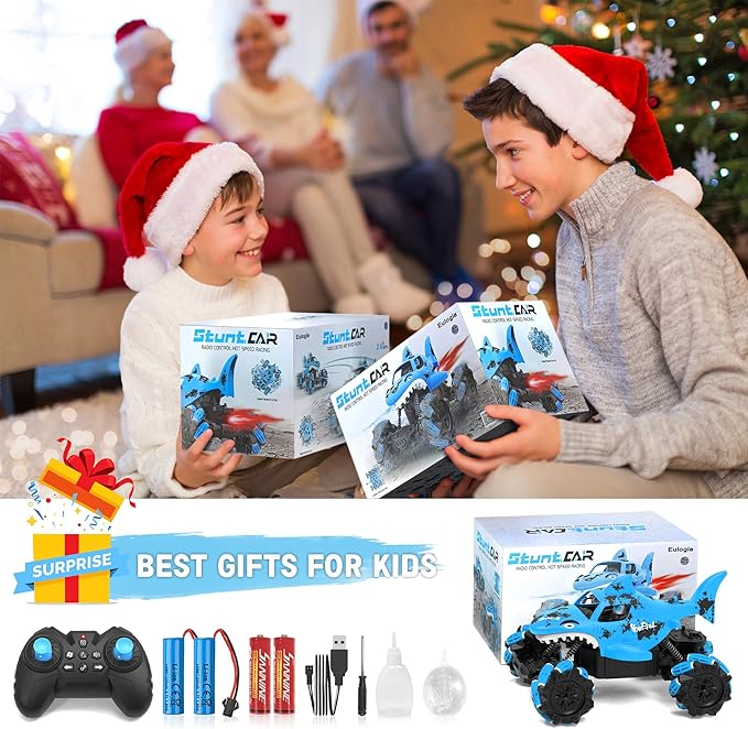 1:14 Shark Toy with Water Shooting Spray, Programming Remote Control Shark, Slides, 360-degree Rotations, Drifts, One-key Demo, Features Lights & Sounds, All Terrains Monster Truck for boys 5-7(Blue)
