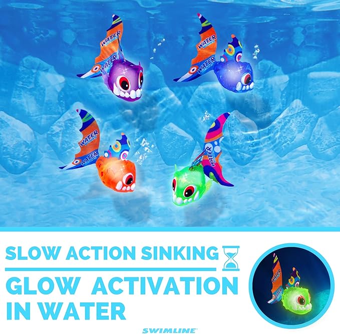 Swimline Original 4-Pack Diving Toys LED Light-Up Glowing Sea Animal Piranha Catch The Fish Retrieval Game for Swimming Pool & Bath Tub for Kids Multi Color Flashing Underwater Dive Practice Learn